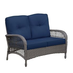 Outdoor Wicker Loveseat, 2-Seater Patio Rattan Sofa with Water-Resistant Navy Blue Cushions, UV-Resistant Hand-Woven Wicker Couch for Porch, Back