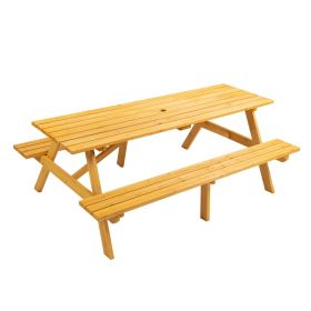 8 Person Brown Wooden Picnic Table, Outdoor Camping Dining Table with 2 Seats, Garden, DIY with 2 Built-in Benches, 2220lb Capacity