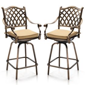 Outdoor Swivel Bar Stools Set of 2, Cast Aluminum Patio Bar Height Chairs, All-Weather Bar Dining Chairs Outdoor Swivel Chairs Furniture (Grid Ba
