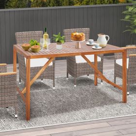 67 Inch Patio Rectangle Acacia Wood Dining Table with Umbrella Hole (Color: Natural)