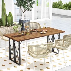 67 Inch Patio Rectangle Acacia Wood Dining Table with Umbrella Hole (Color: Brown)